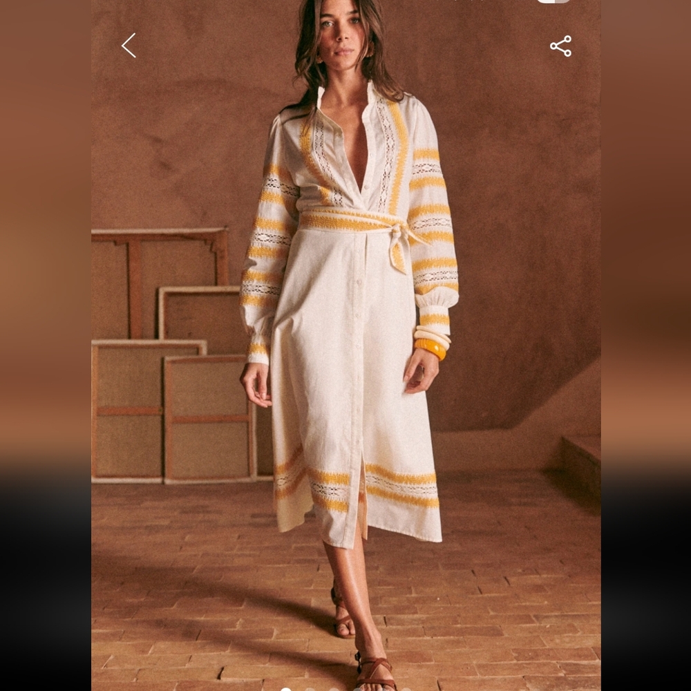 Sezane Elodie Ecru and Yellow Long Sleeve Midi Dress - Picture 1 of 7